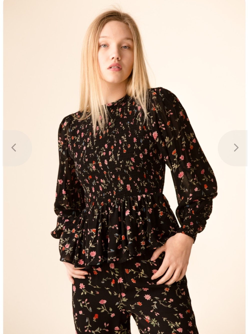 Ganni Elm shirred printed peplum blouse